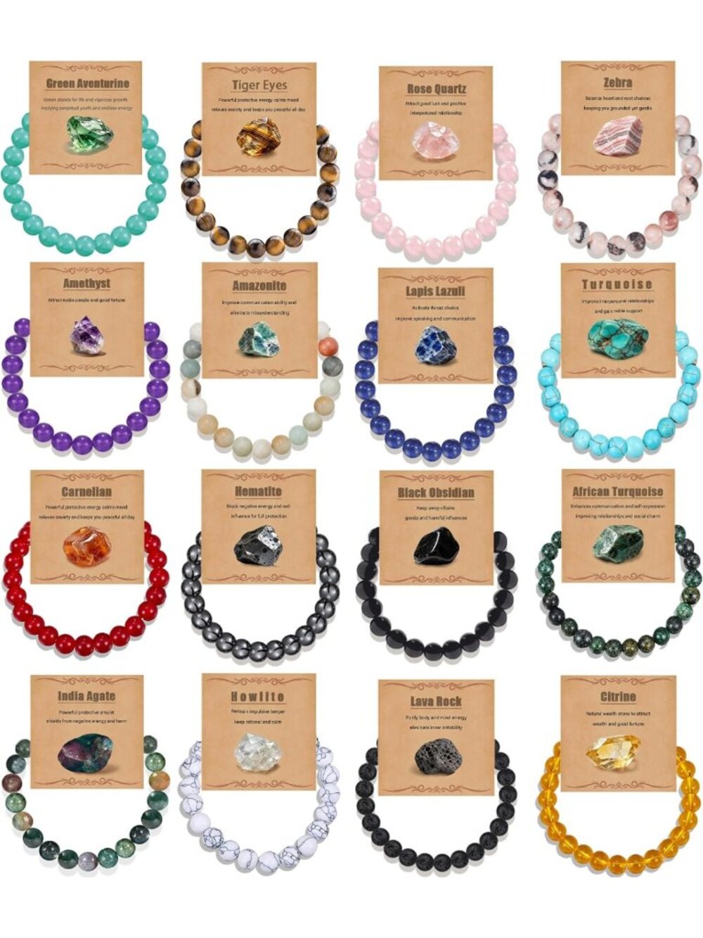 16Pcs 8mm Natural Stone Healing Crystal Beaded Bracelets for Women - Boho Chic